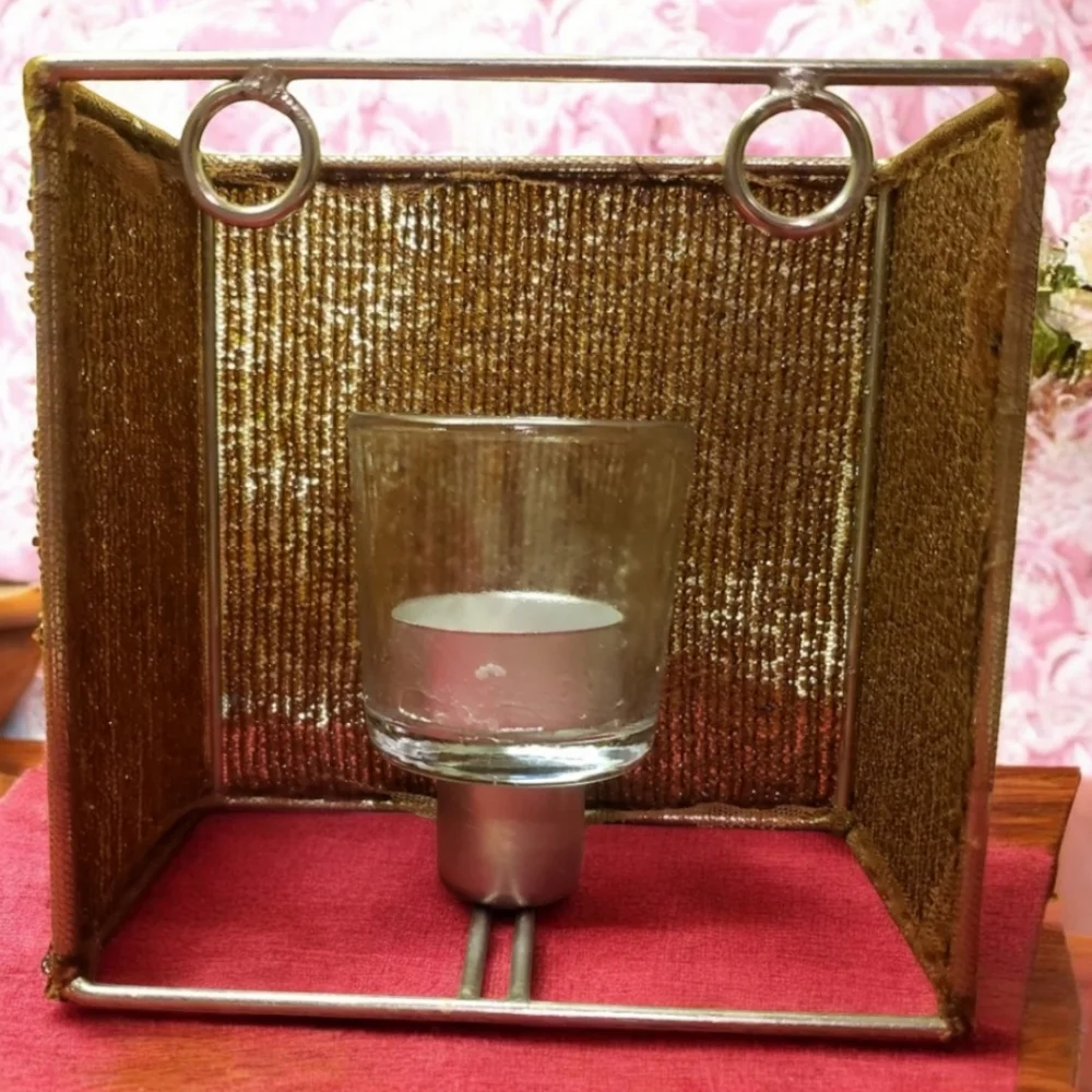 Vtg Tealite Candleholder Seedbeads, Metal & Glass! Square Frame